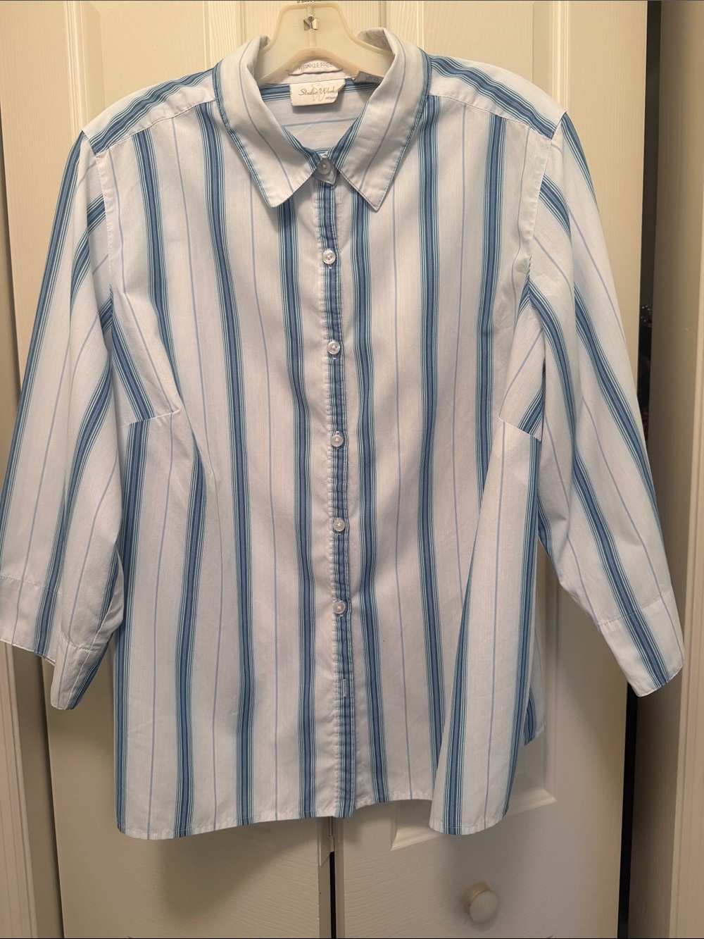 Studio Works White Blouse with Blue Vertical Stripes wrinkle free